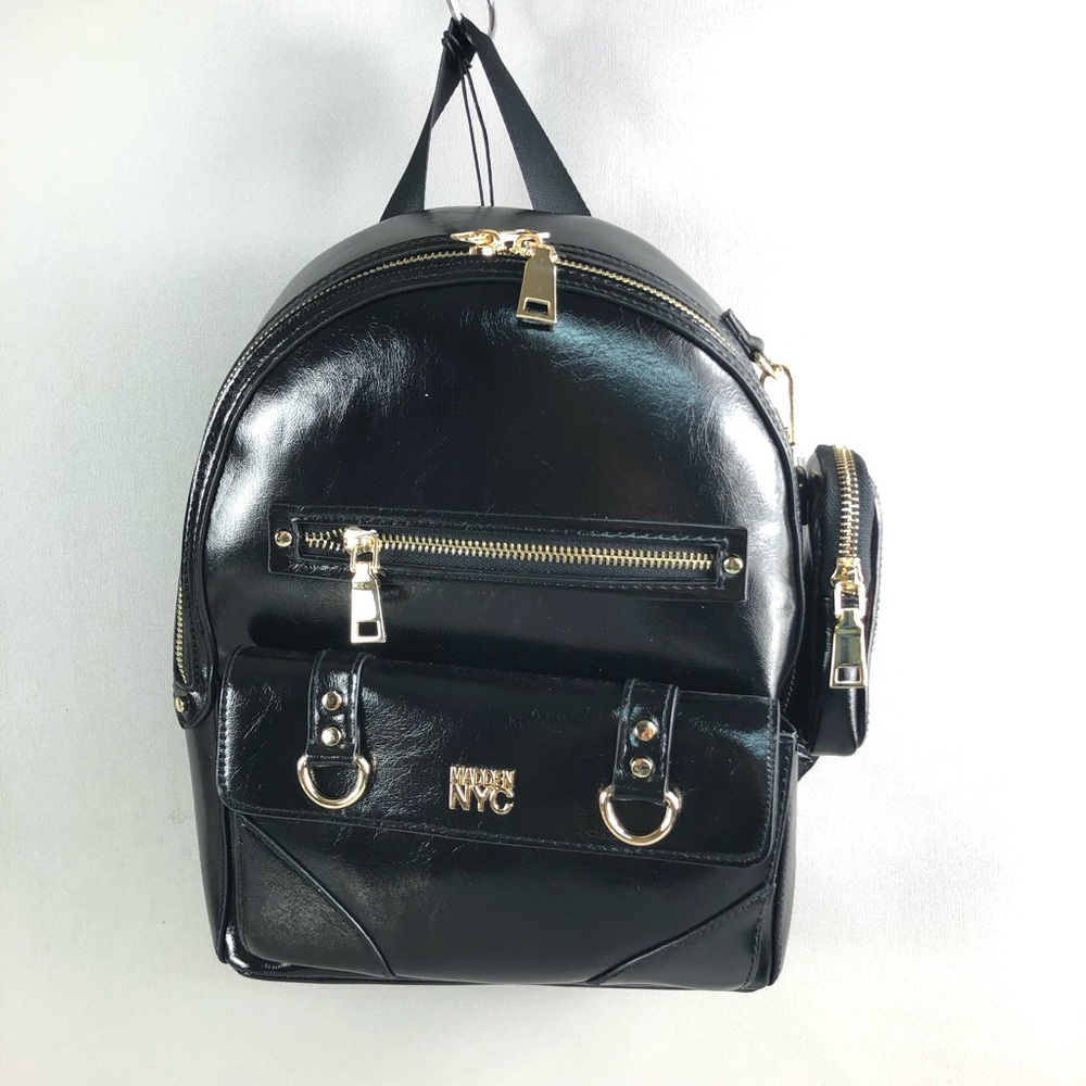 Madden NYC Glossy Black Patent Mini Backpack with Gold Hardware